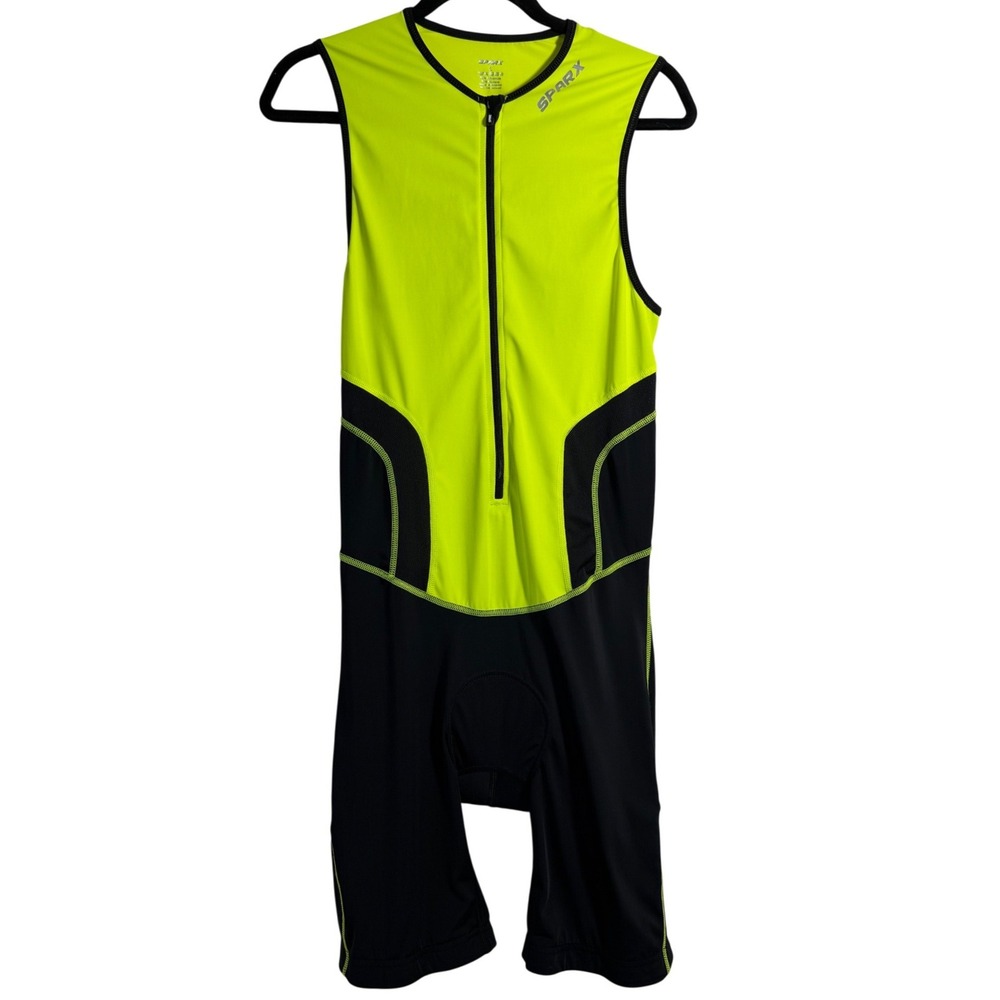 SPARX Triathlon Suit Men L Neon Yellow Black Padded Zip Sleeveless One Piece